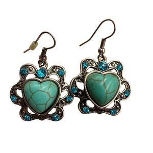 Turquoise‎ Heart Dangle Earrings Southwestern Boho Rhinestone Dangle Earrings